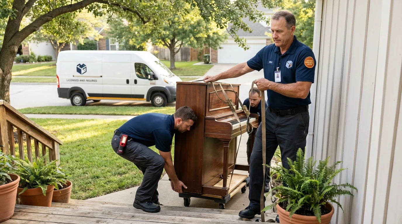 Licensed piano movers securing grand piano in Bremerton, WA