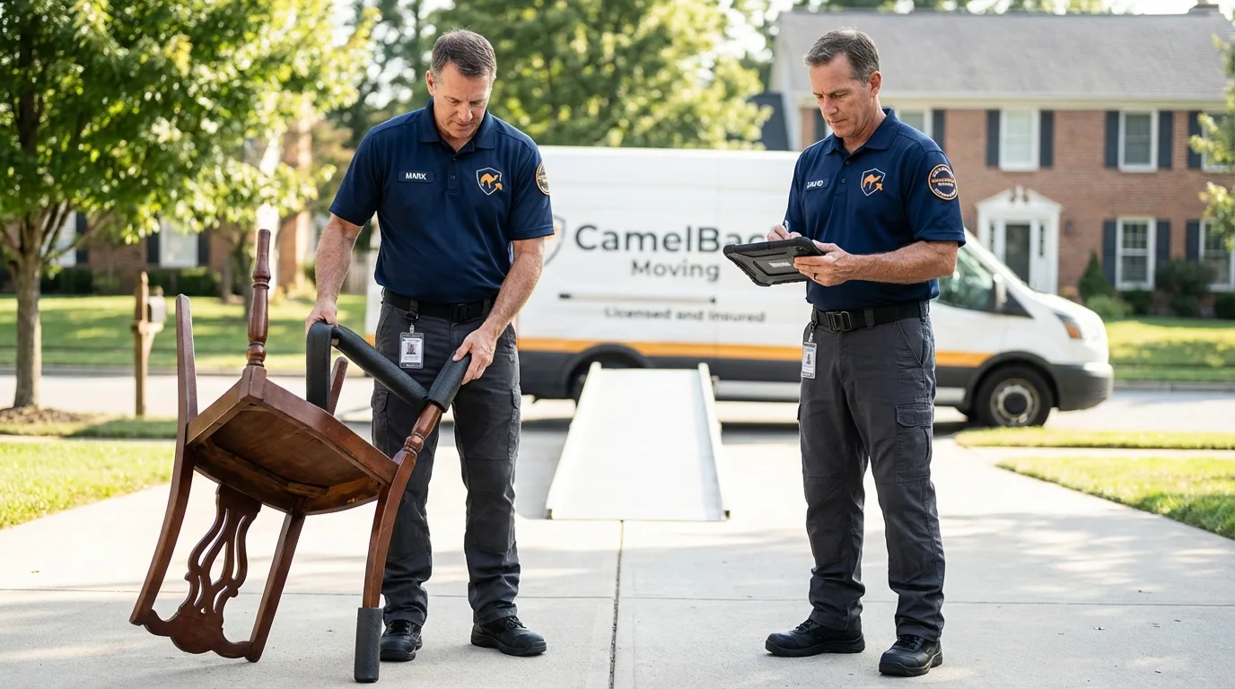 Movers inspecting furniture for damage prevention before loading in Bremerton, WA