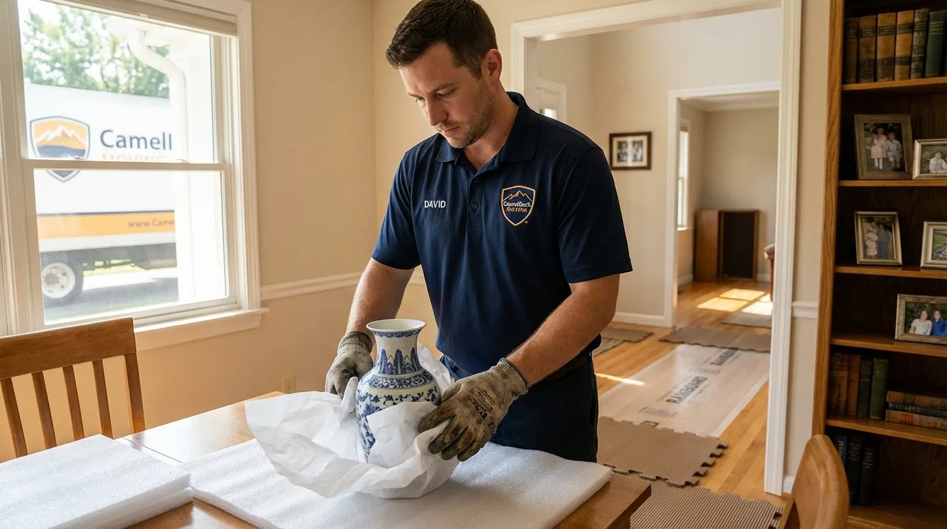 Professional crew carefully wrapping antique vase for senior downsizing move in Bremerton, WA